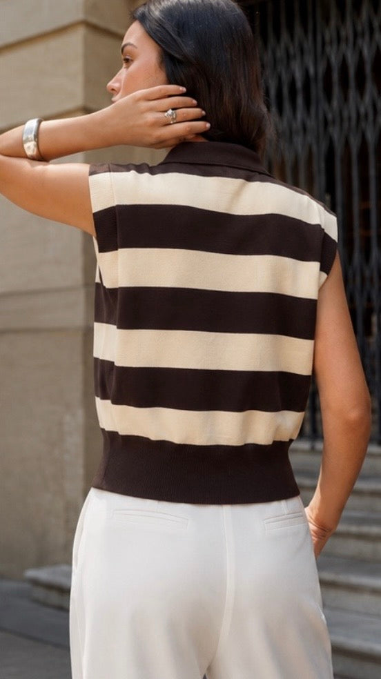 Rosie Chocolate Striped Fine Knit Button Top