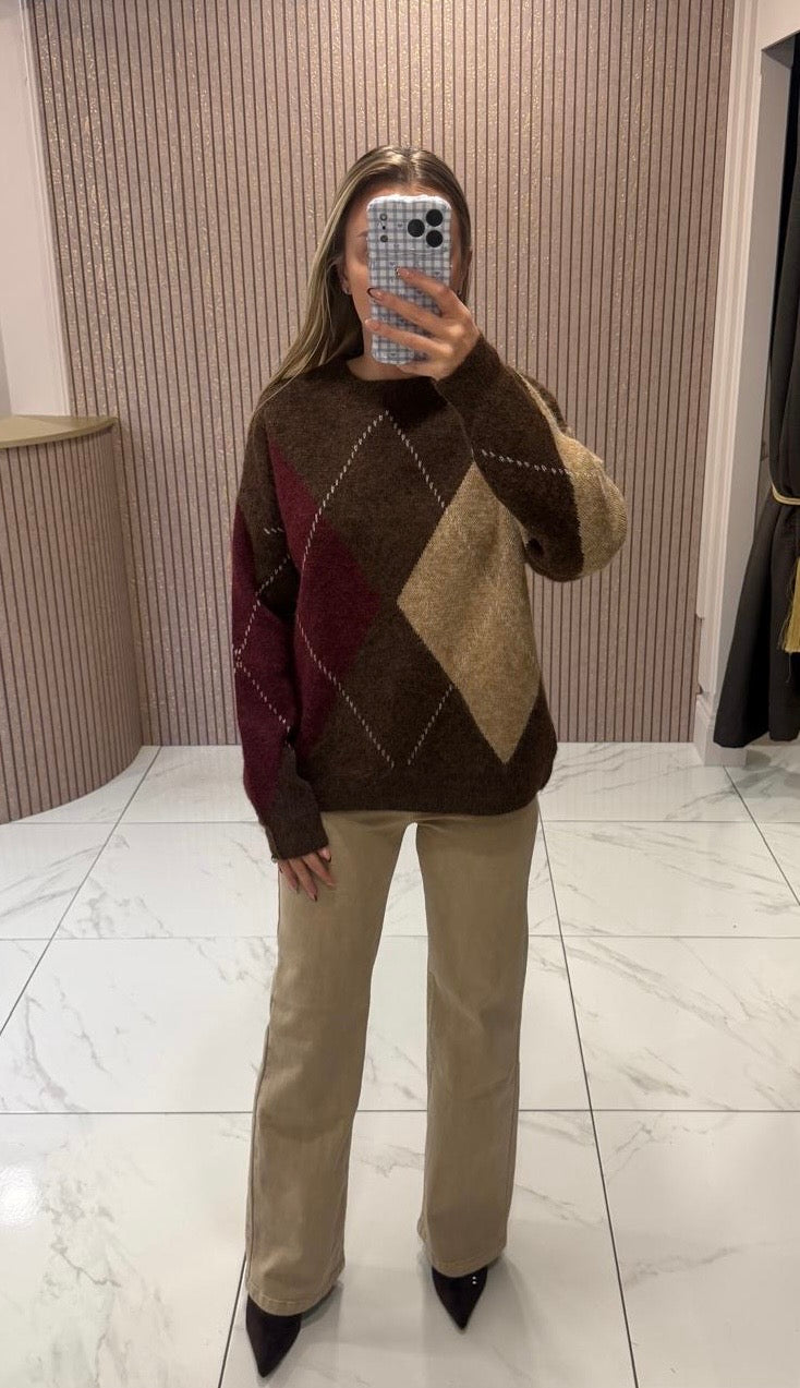 Verity Argyle Fluffy Knit Jumper