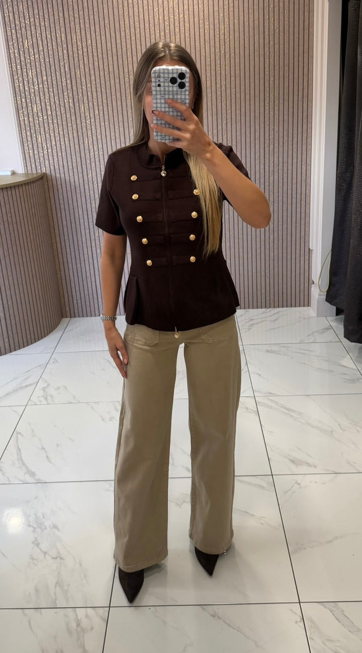 Amber Chocolate Zip Up Gold Statement Button Knit Top