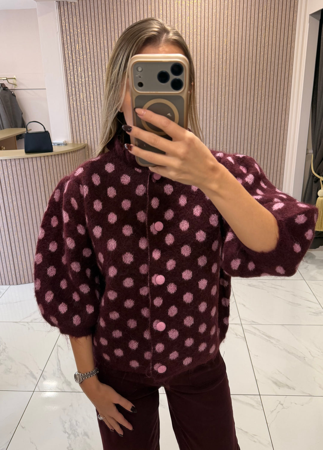 Alyssa Burgundy &amp; Pink Spot Statement Sleeve Top