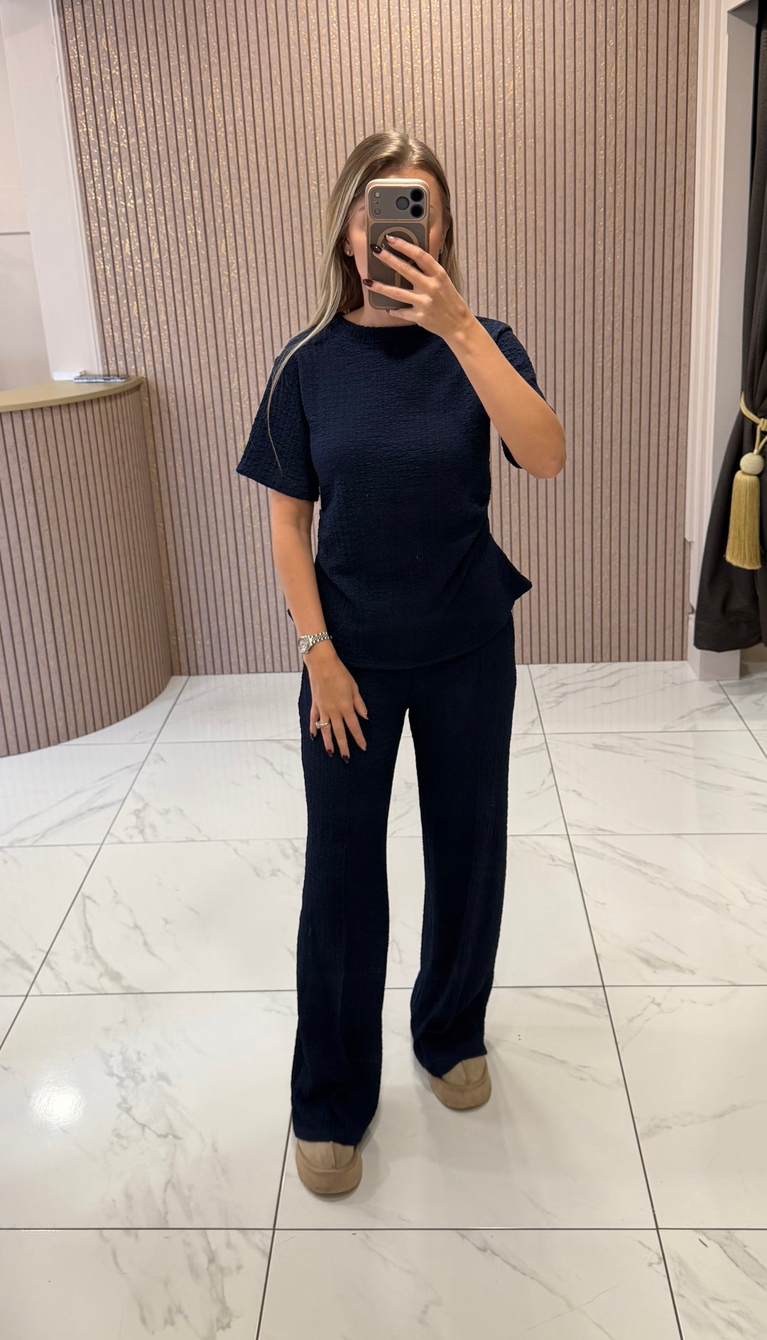 Nina Navy Waffle Top &amp; Trouser Set