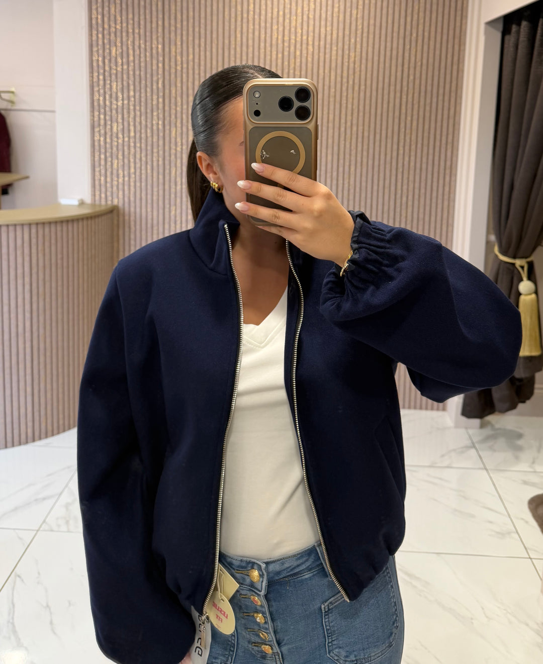 Saffron Navy Zip Up Bomber Jacket