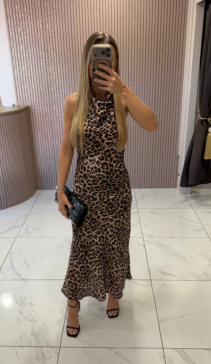 Demi Satin Cowl Neck Leopard Print Dress