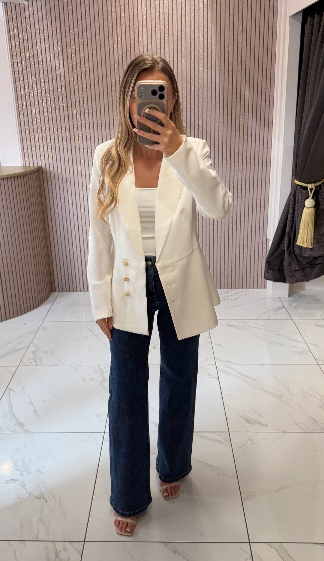 Charlotte White Structured Blazer With Gold Buttons
