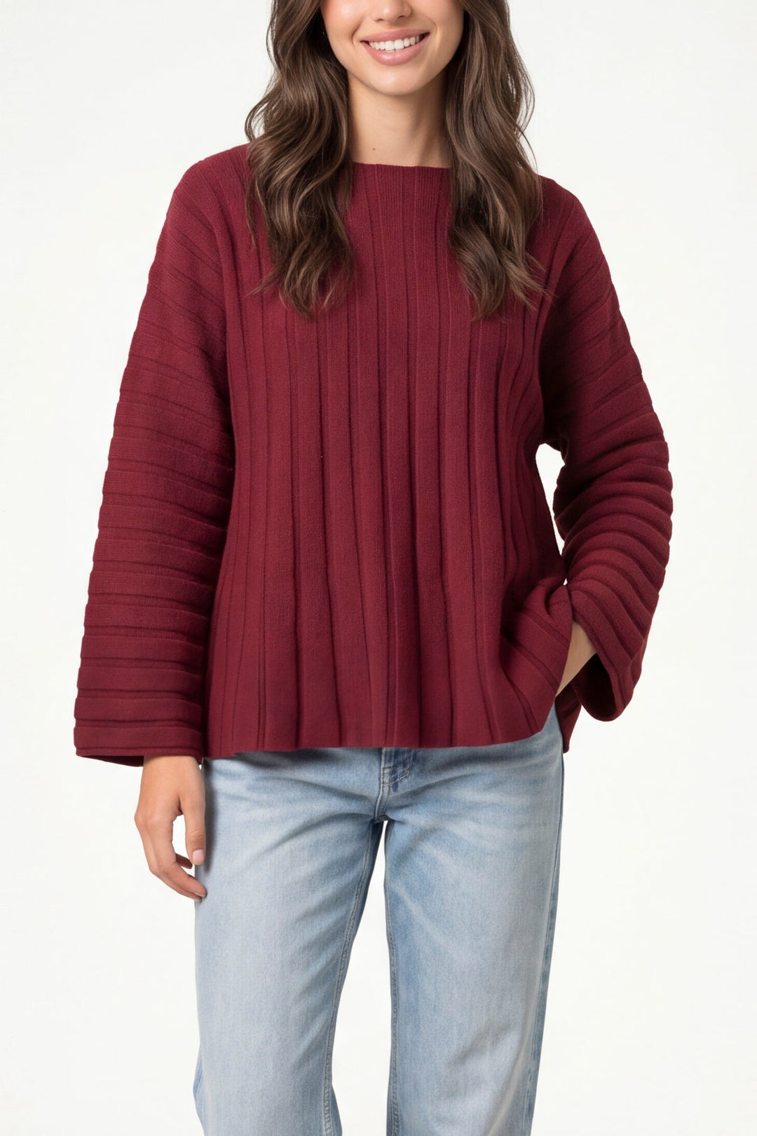 Sian Burgundy Rib Knit Peplum Hem Top