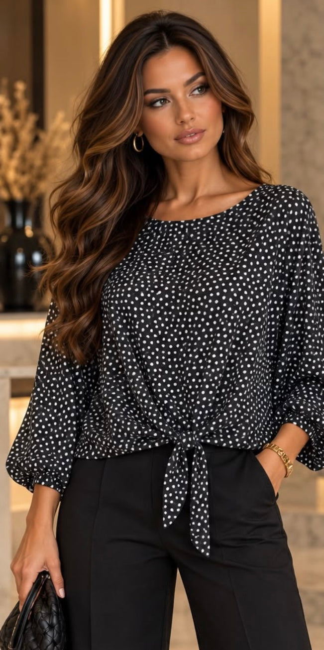 Nadine Black Polka Dot Tie Front Blouse/Top