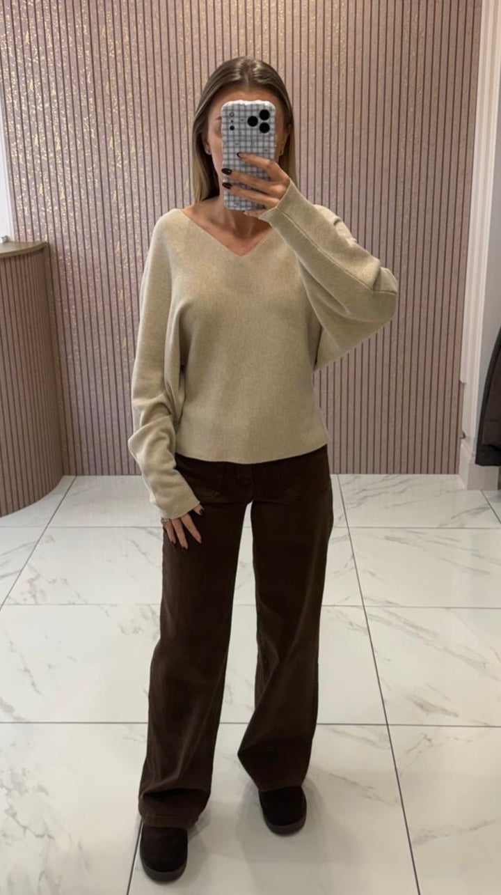 Jenna Beige V Neck Bat Wing Knit Jumper