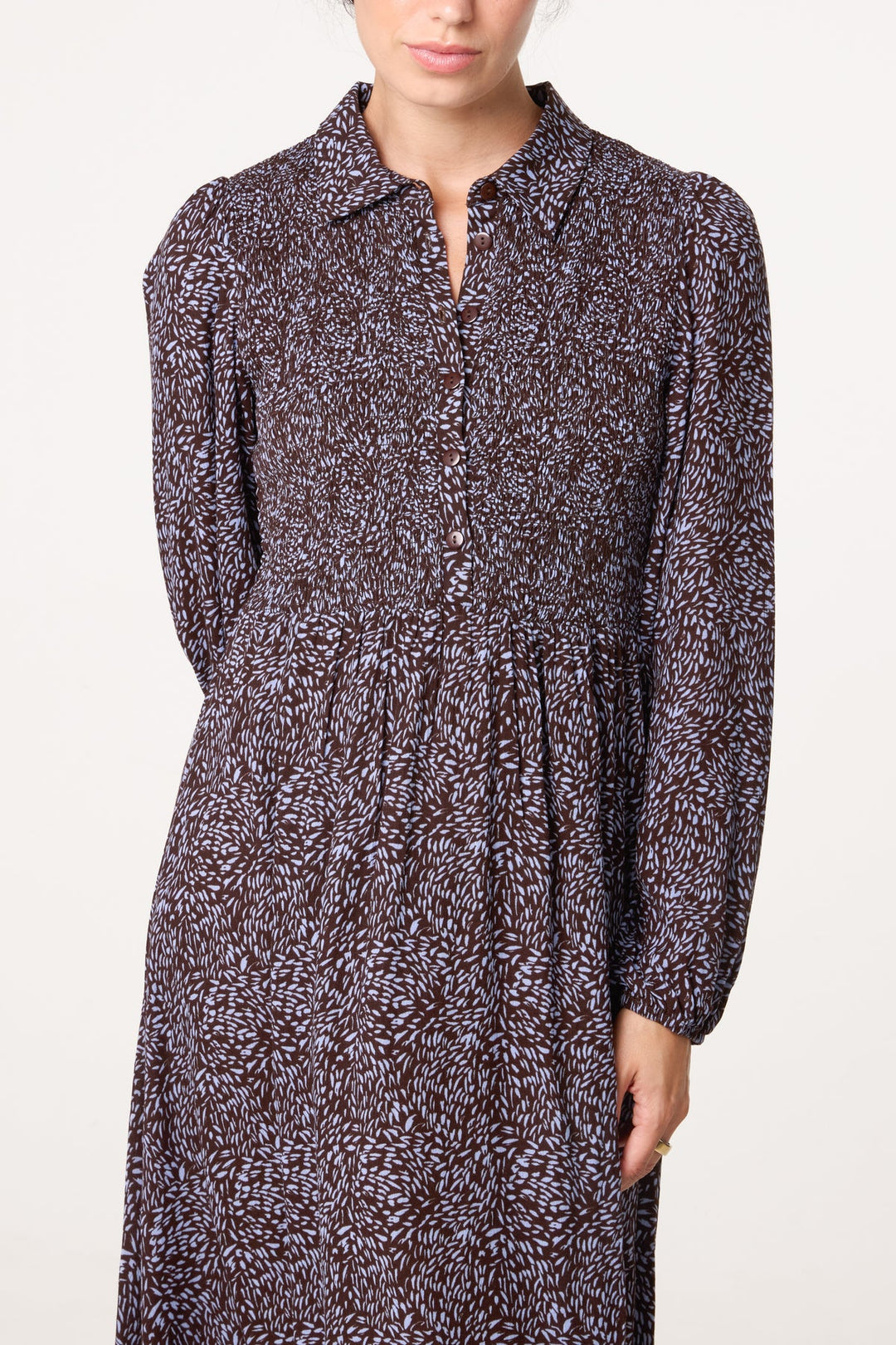 Lydia Long Sleeve Chocolate Print Midi Dress