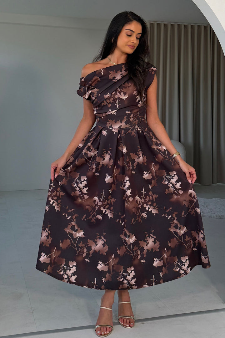 Betty Floral Asymmetric Neckline Skater Dress Brown