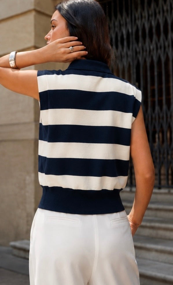 Rosie Navy Striped Fine Knit Button Top