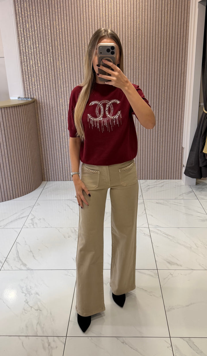 Chantelle Burgundy Pearl &amp; Crystal Knit Top