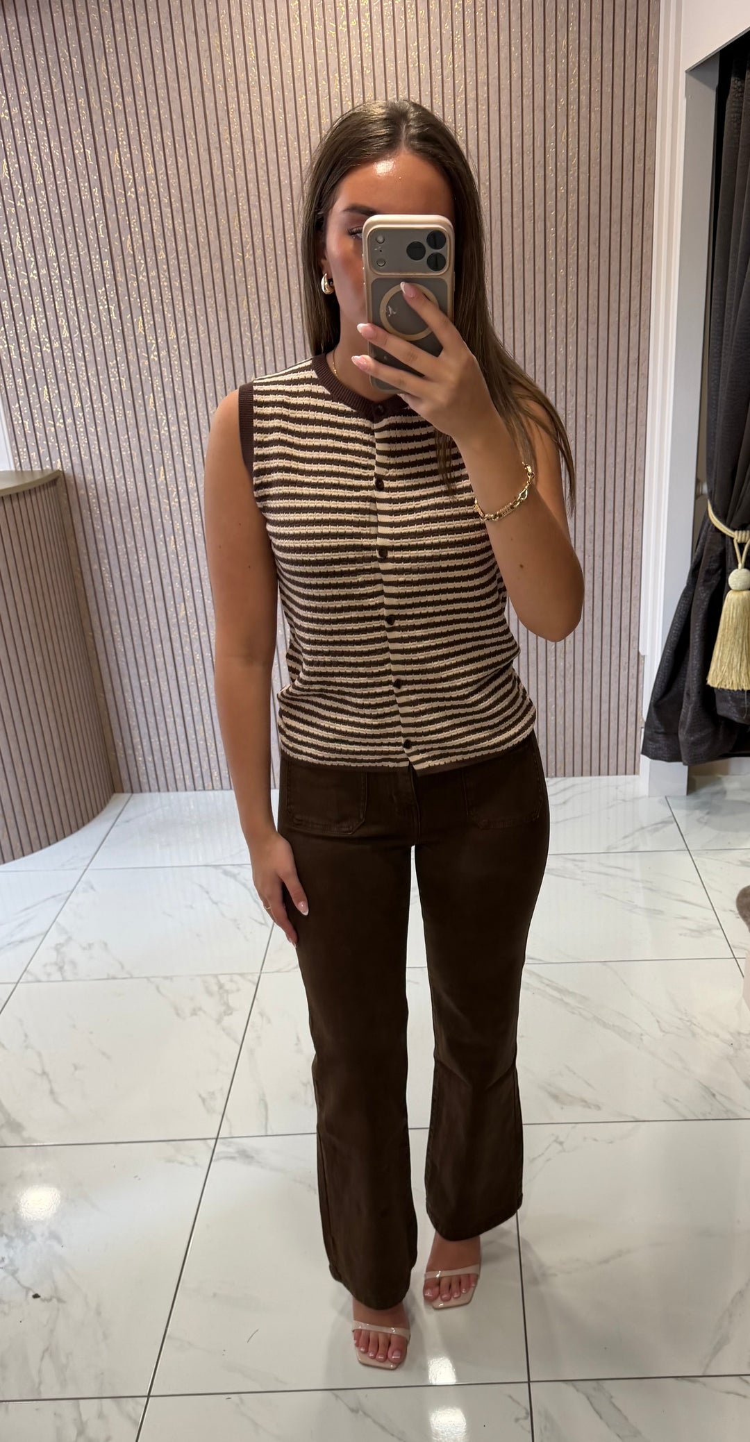 Honey Striped Chocolate Knit Button Front Top