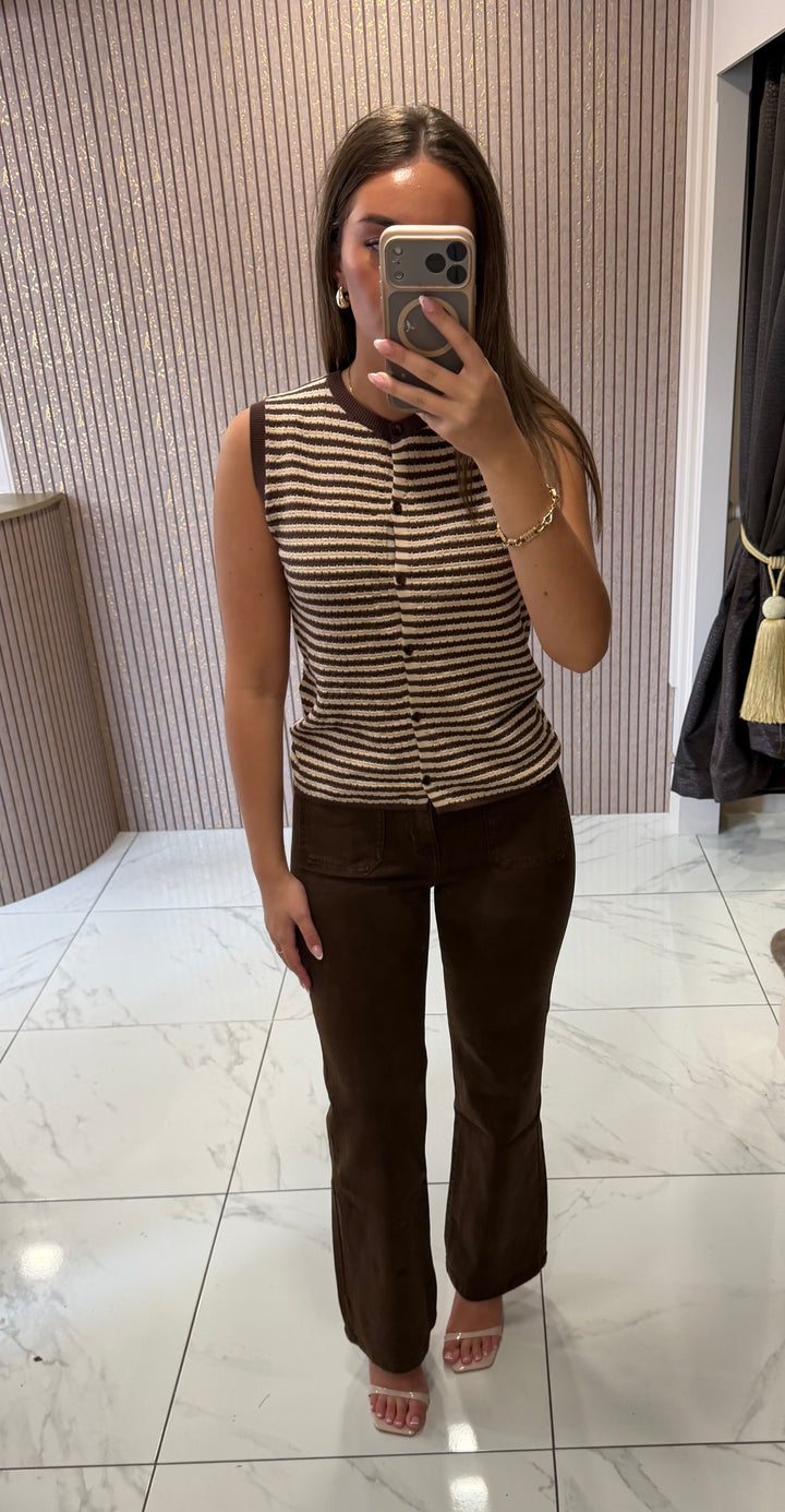 Honey Striped Chocolate Knit Button Front Top