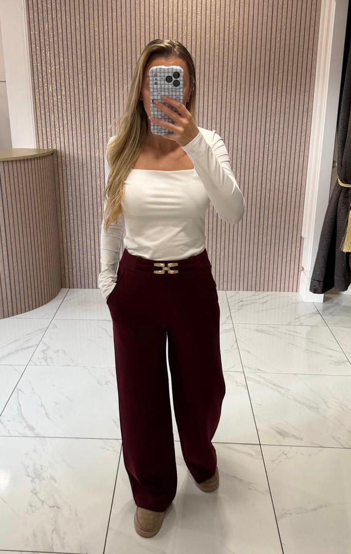 Burgundy Statement Gold Buckle Scuba Trousers