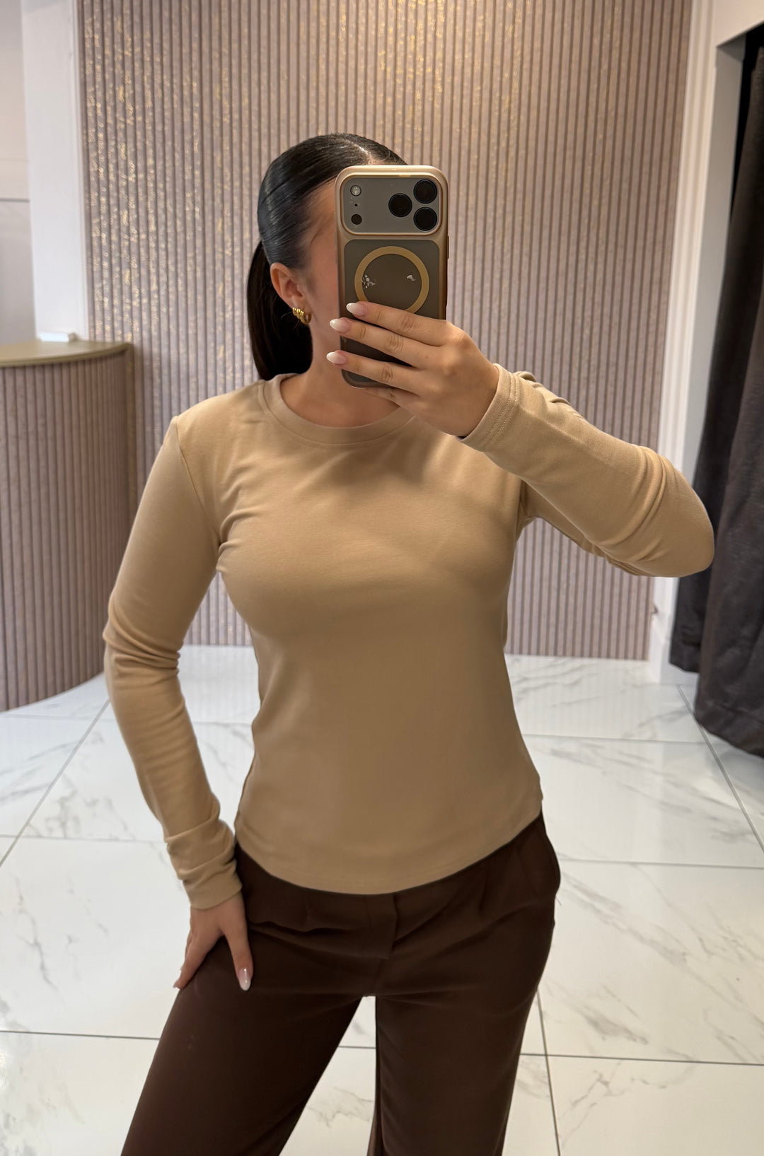 Trixie Beige Round Neck Cotton Long Sleeve Top
