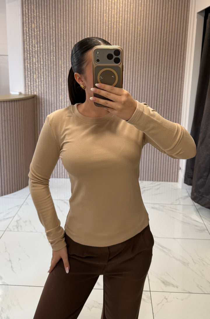 Trixie Beige Round Neck Cotton Long Sleeve Top