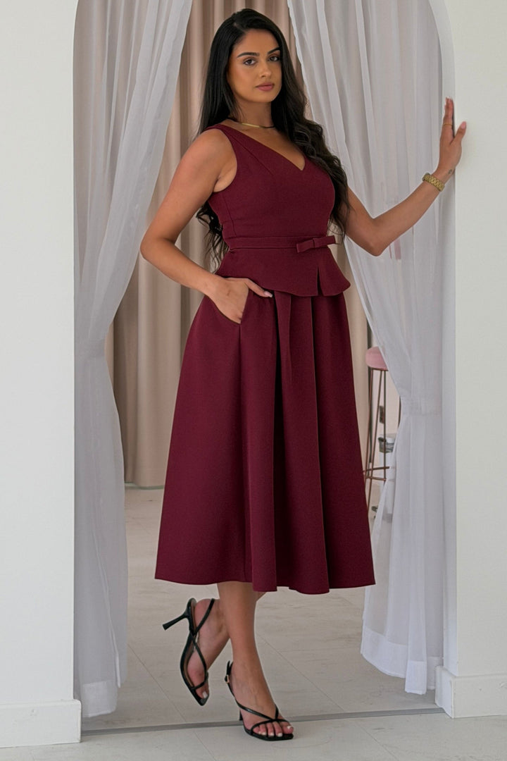 Pearl Bow Detail Midi Dress Berry