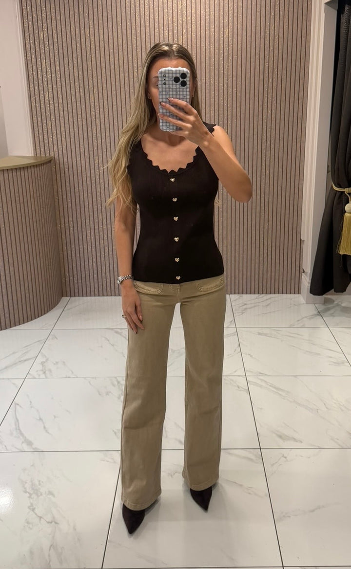 Rona Gold Heart Chocolate Scallop Edge Knit Top