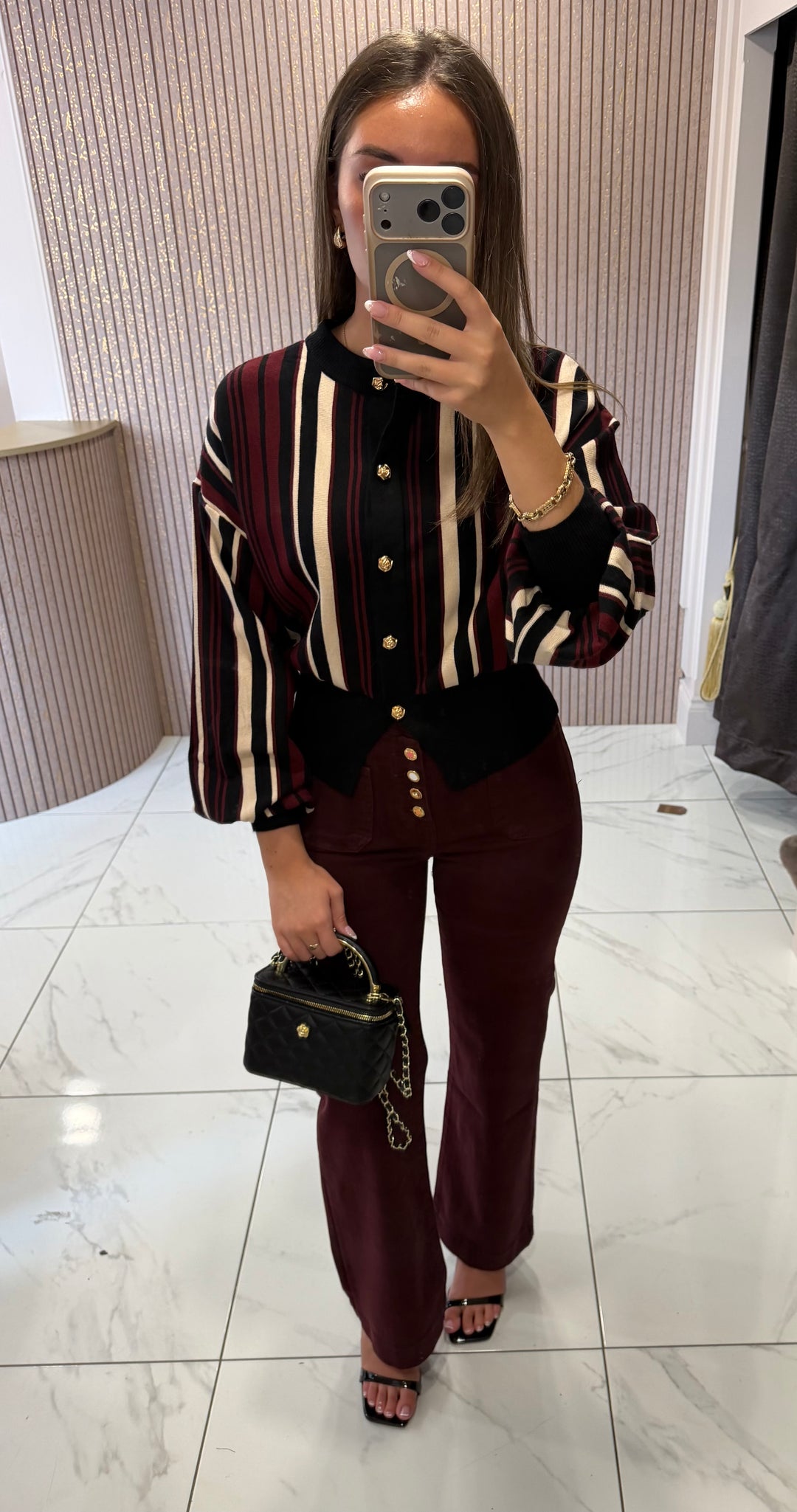 Indy Striped Cream, Wine &amp; Black Gold Button cardigan/Jumper