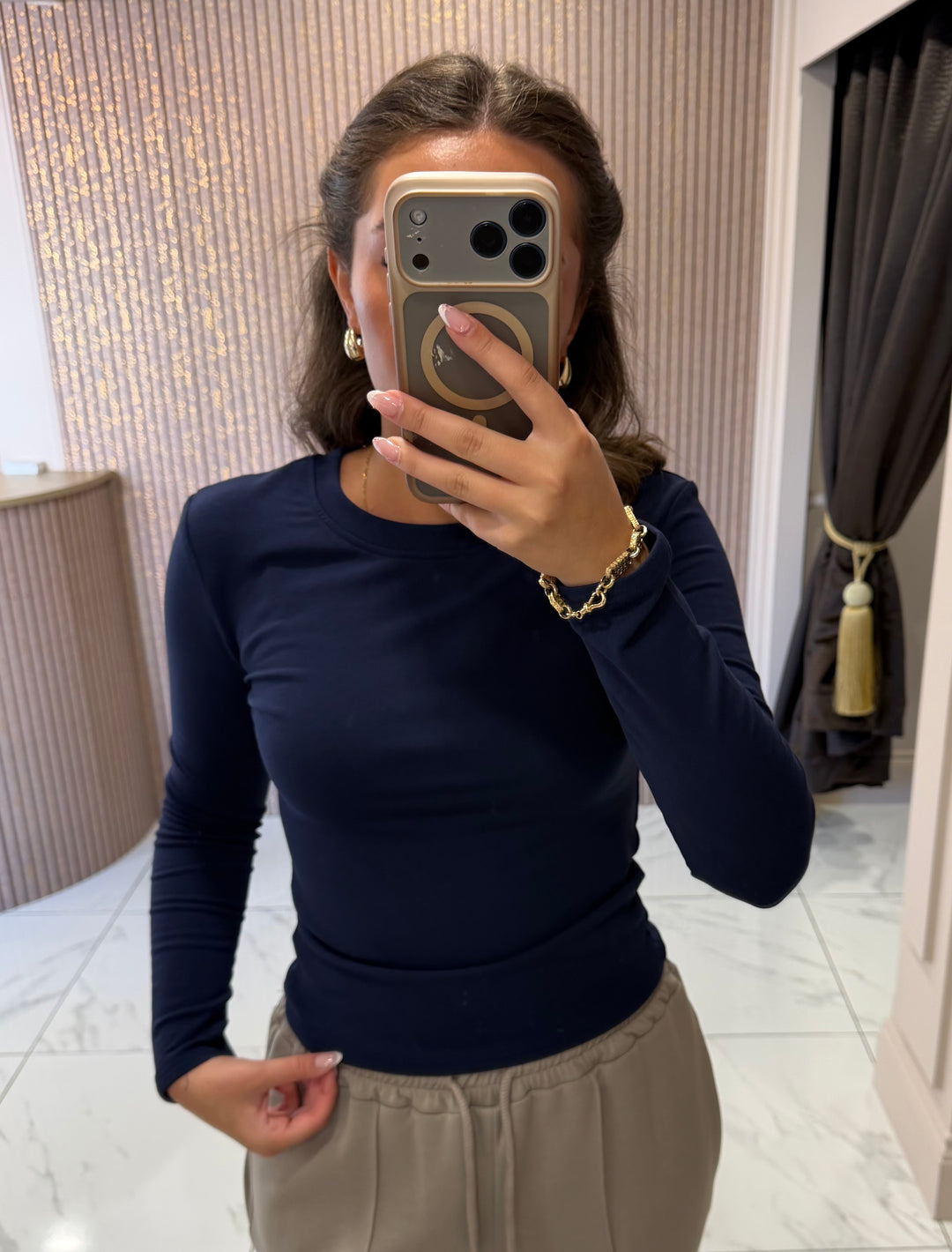 Trixie Navy Round Neck Cotton Long Sleeve Top