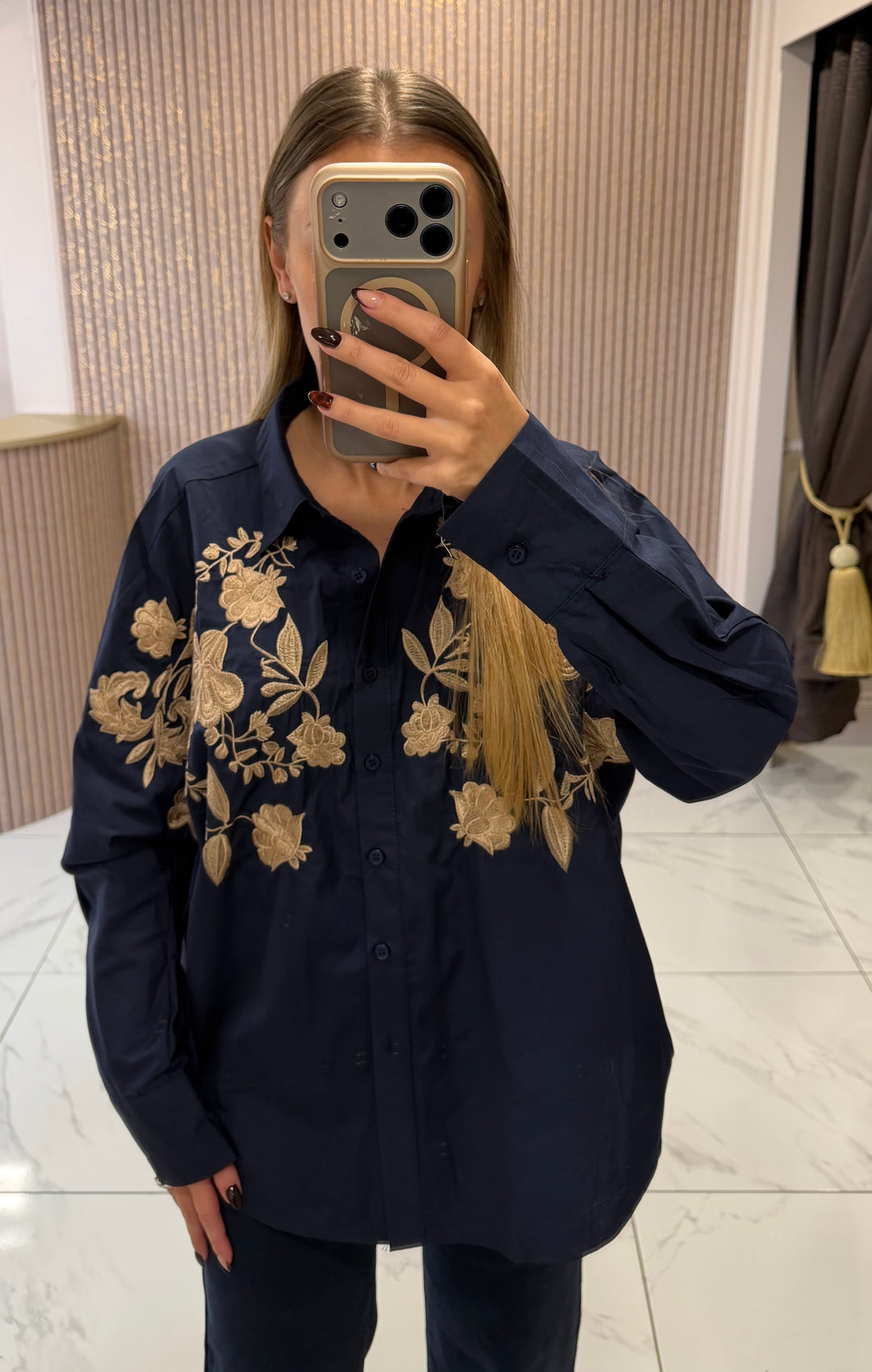 Betsy Navy Floral Embroidered Shirt/Blouse