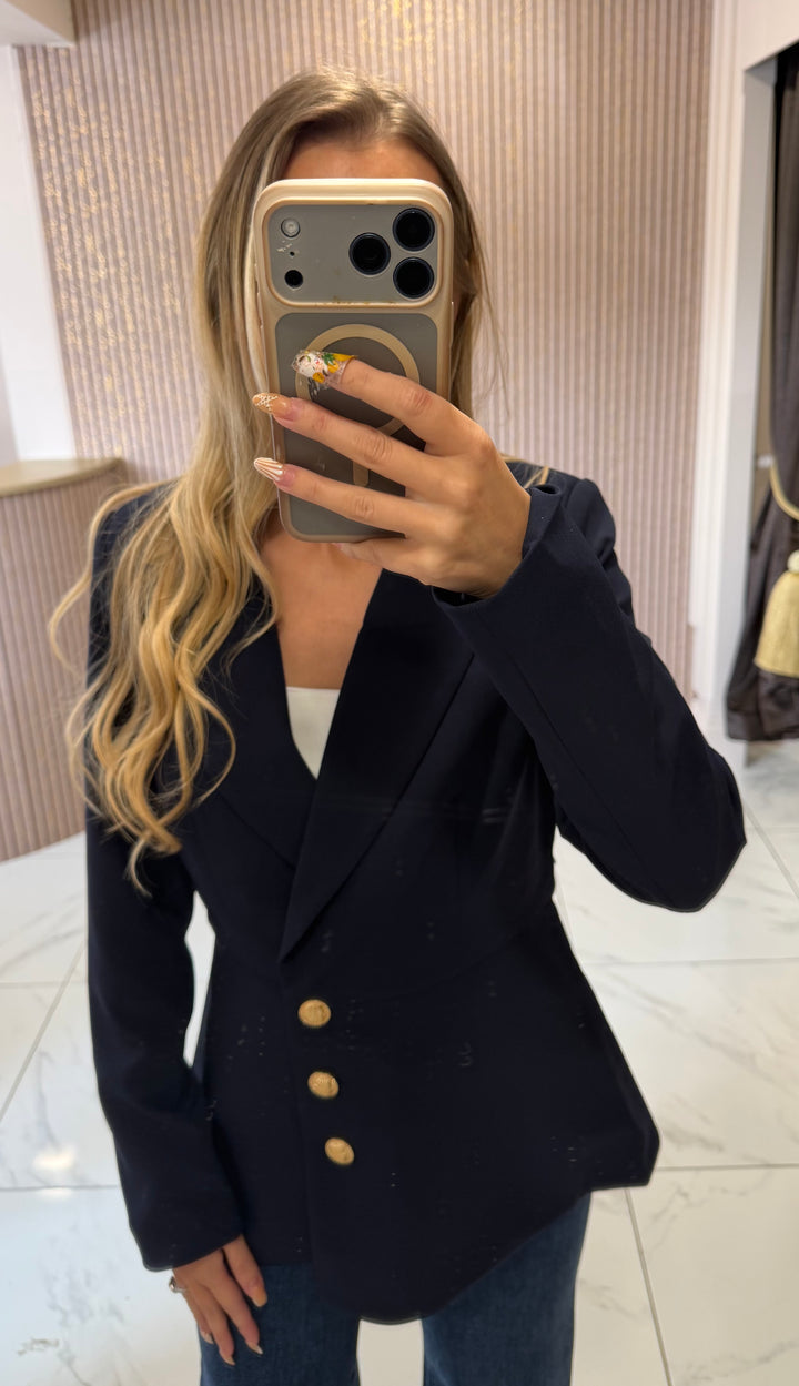 Charlotte Navy Structured Blazer With Gold Buttons