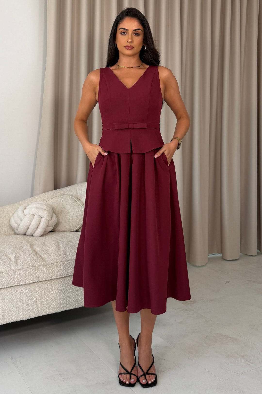 Pearl Bow Detail Midi Dress Berry