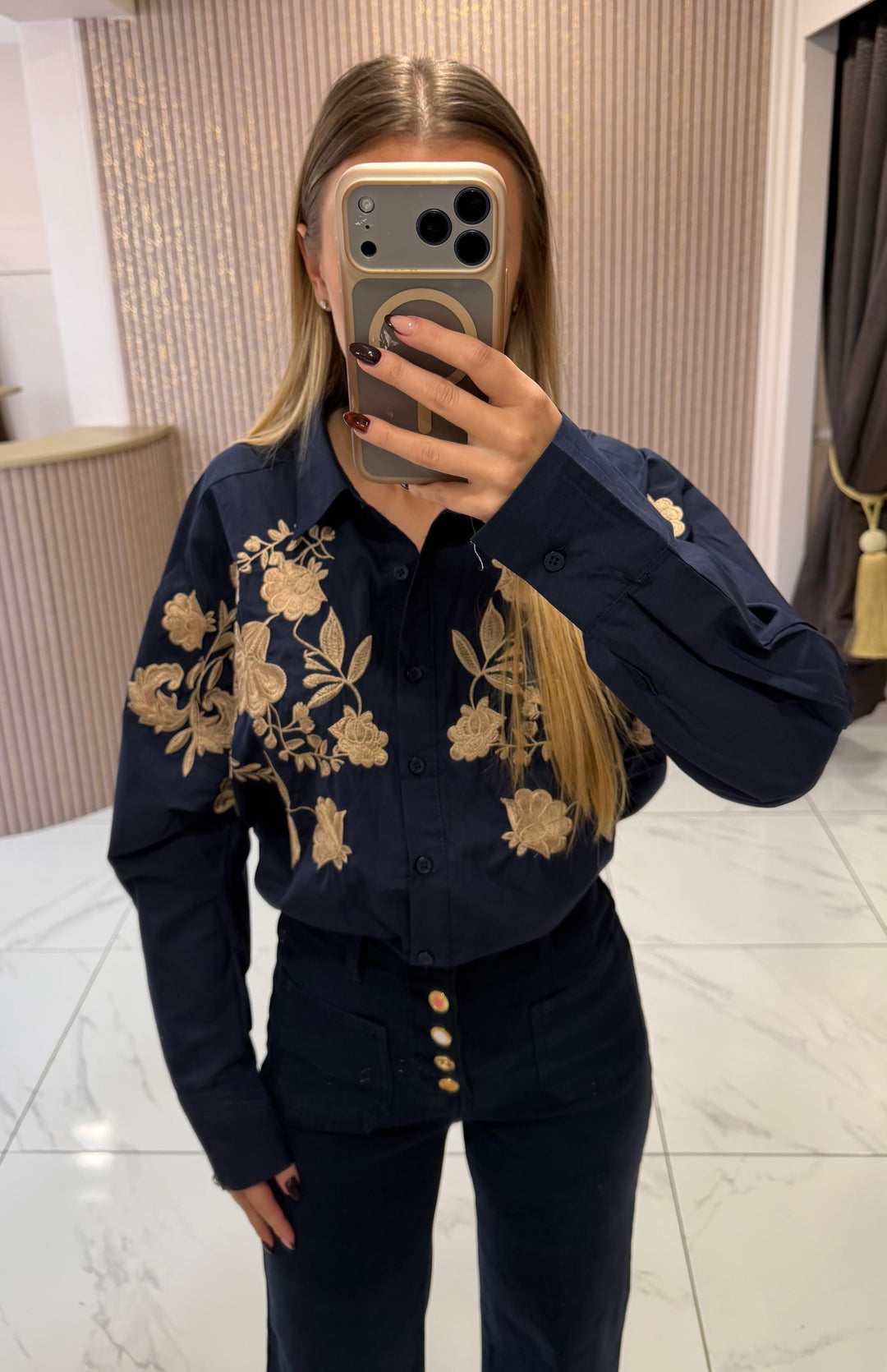 Betsy Navy Floral Embroidered Shirt/Blouse