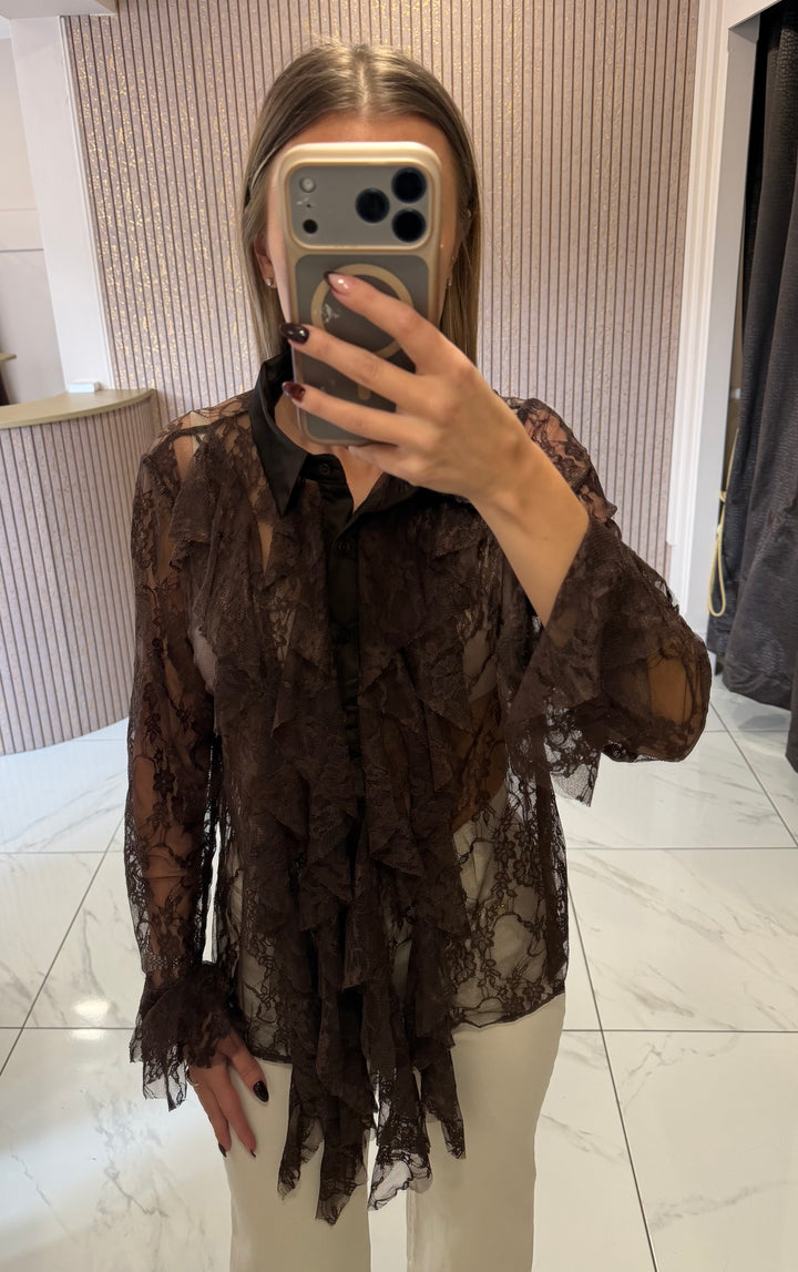 Celeste Chocolate Lace Ruffle Blouse