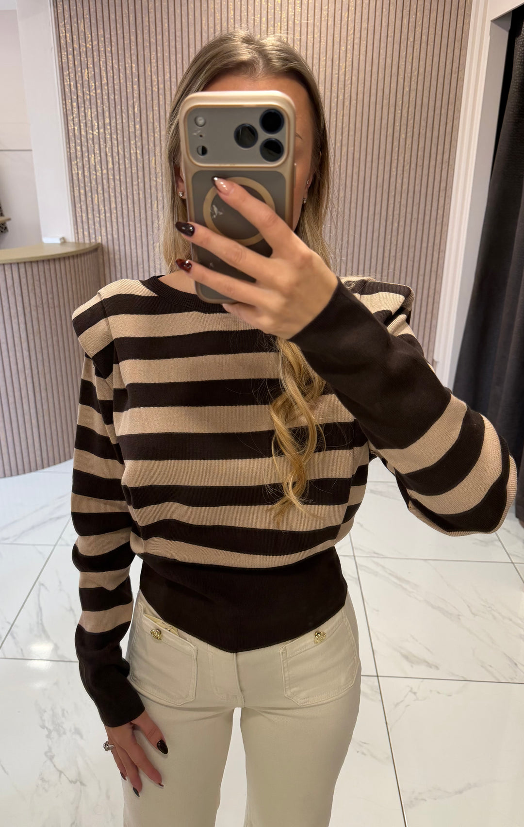 Sally Striped Chocolate Structured Shoulder Jumper