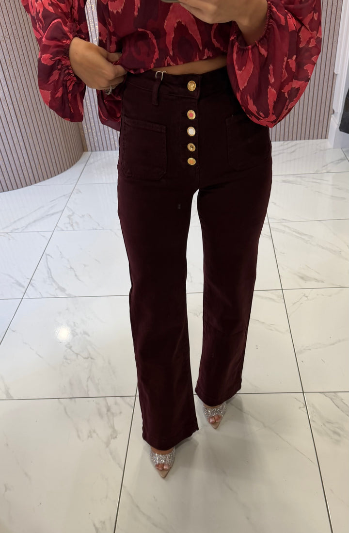 Edith Burgundy/Wine Button Front Jeans