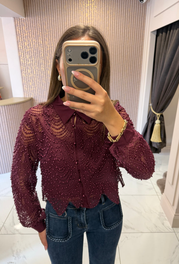 Ashlee Wine Pearl Embellished Blouse