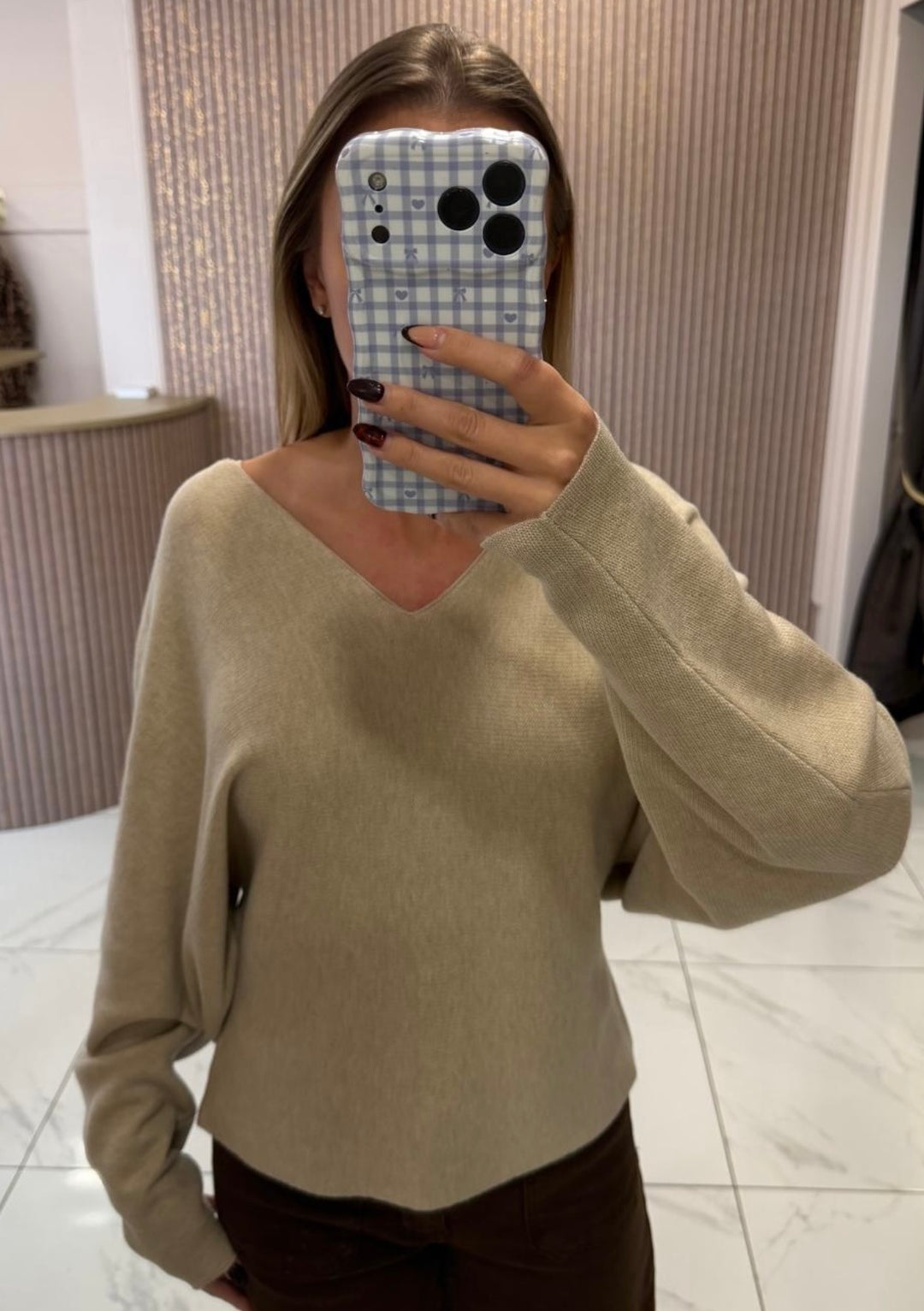 Jenna Beige V Neck Bat Wing Knit Jumper