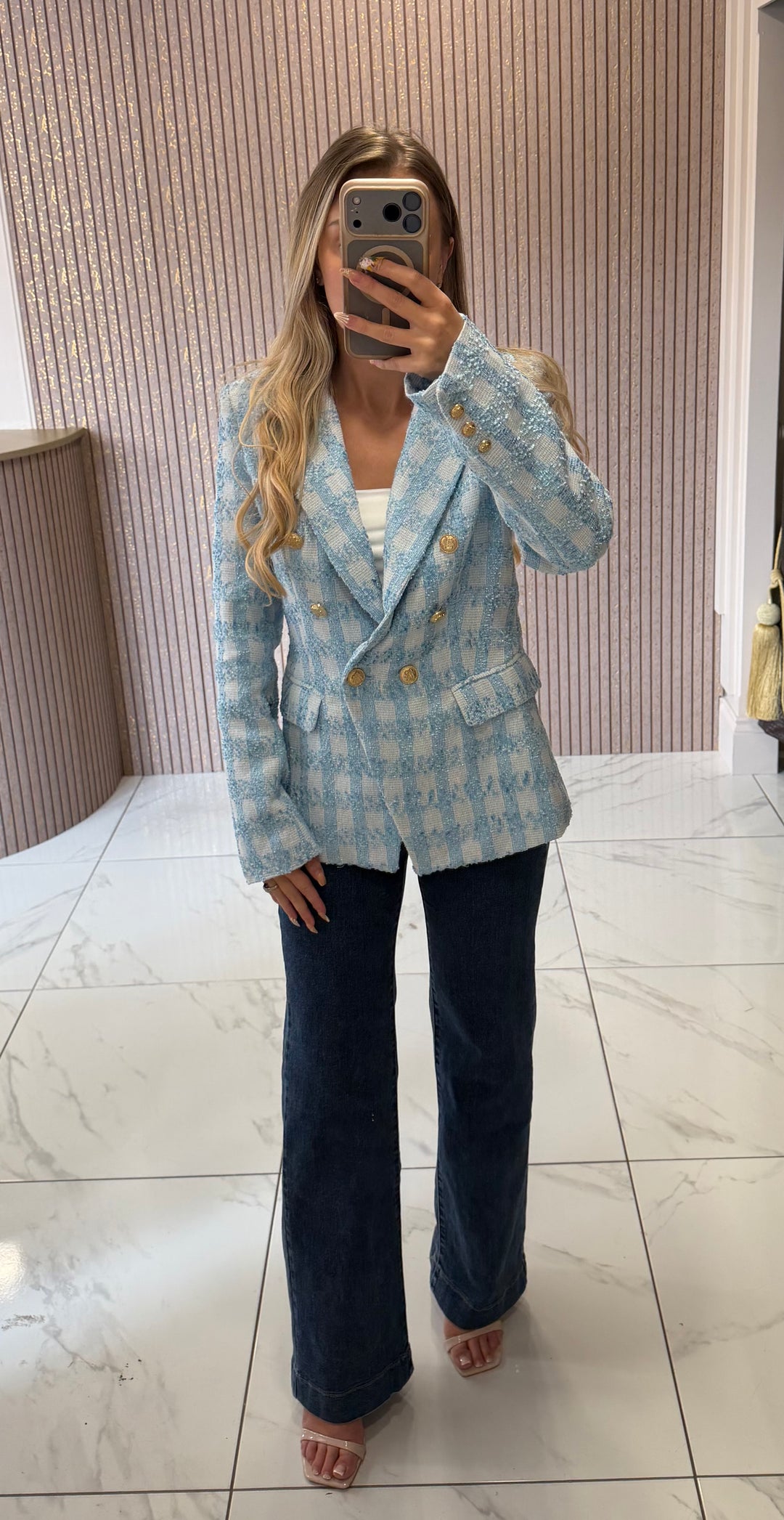 Darcy Blue Double Breasted Tweed Blazer