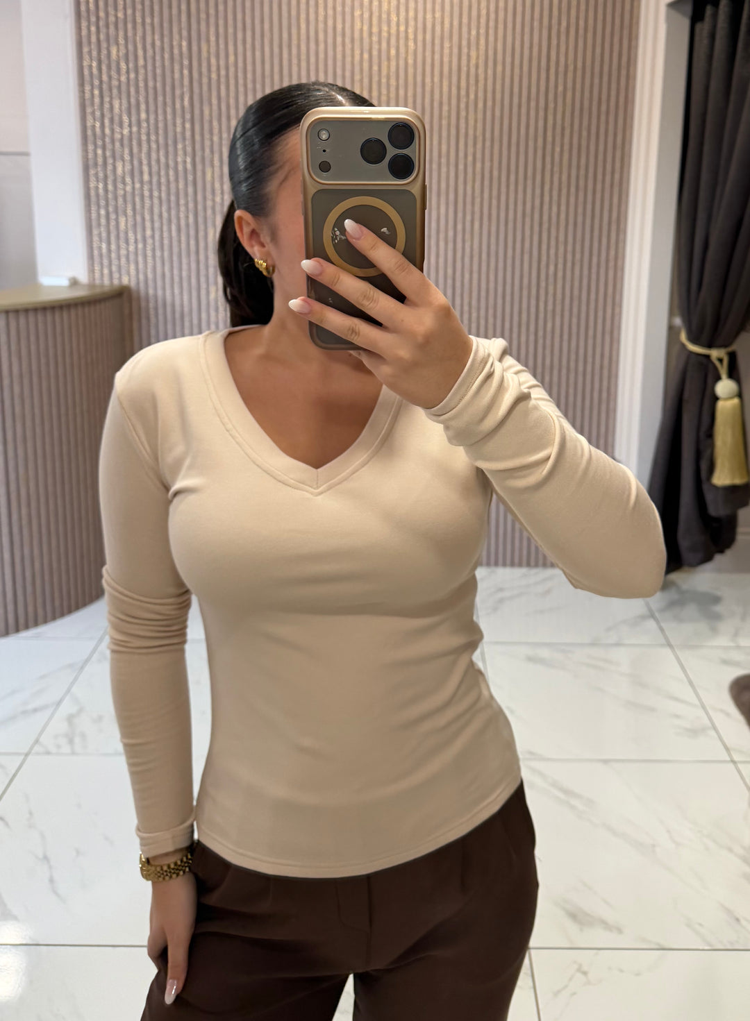 Lottie Cream V Neck Cotton Long Sleeve Top