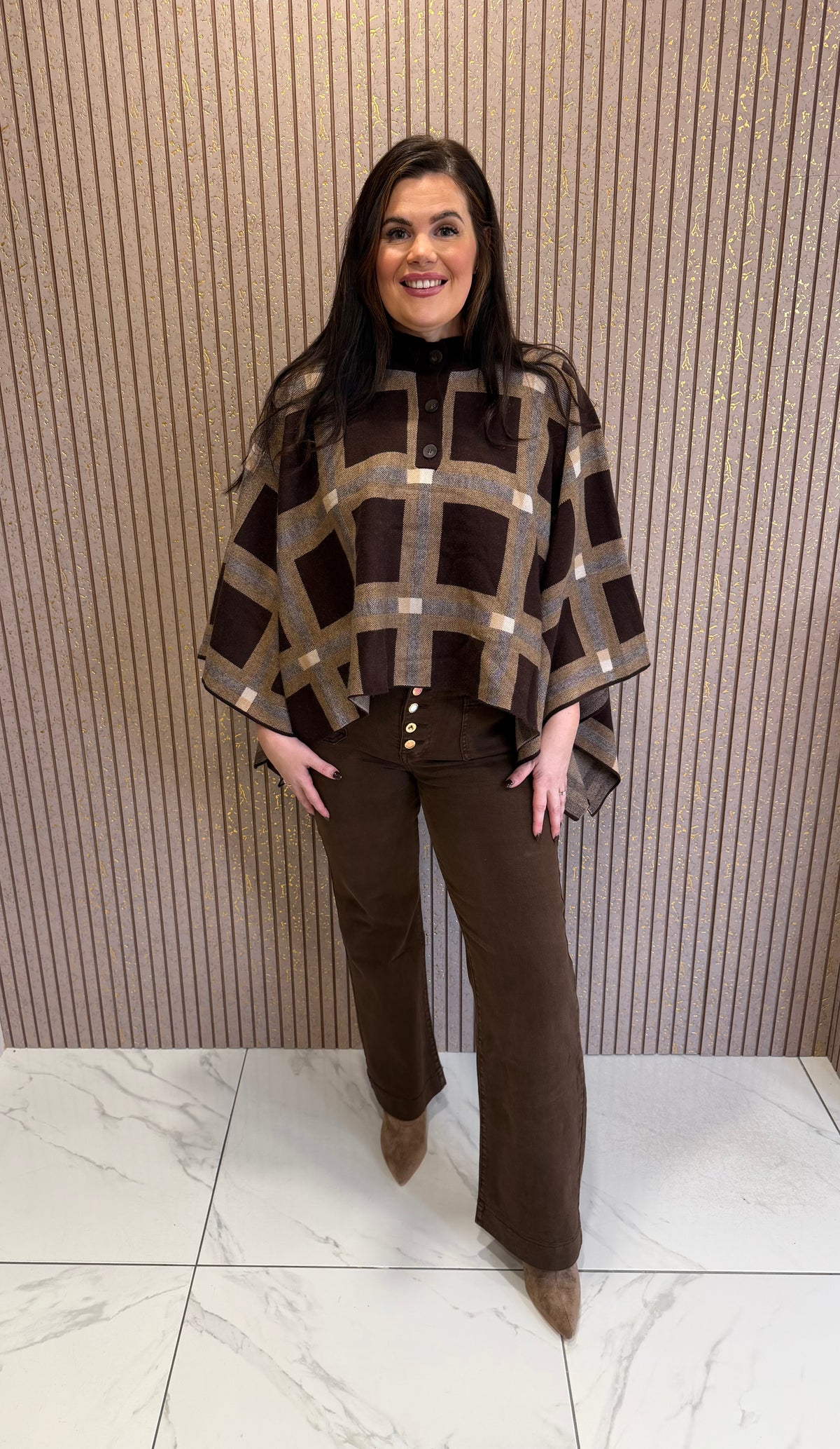 Arabella Chocolate Check Knit Poncho/Cardigan/Cape