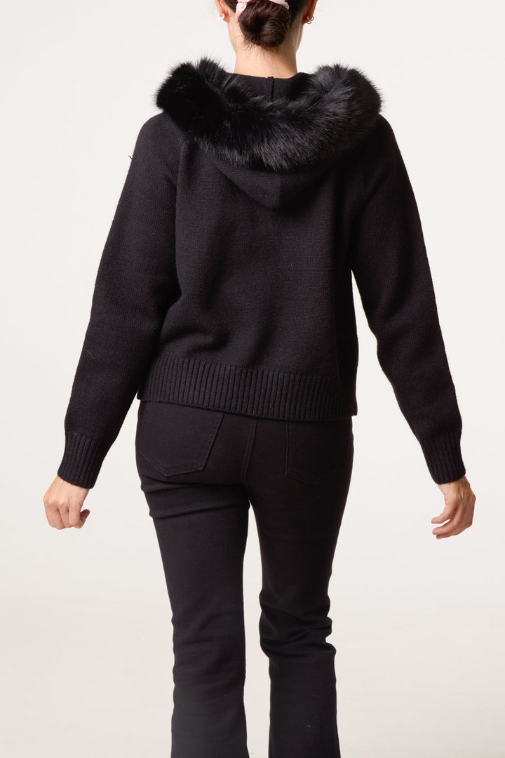 Eliza Black Faux Fur Hooded Zip Up Cardigan