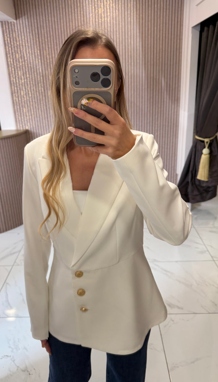 Charlotte White Structured Blazer With Gold Buttons
