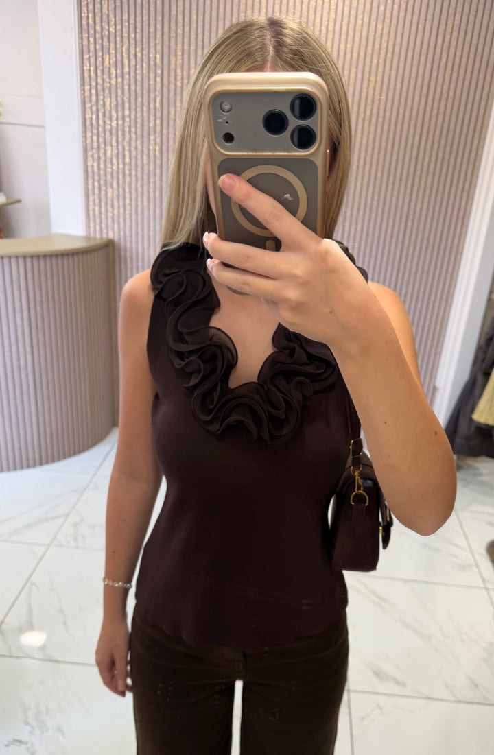 Eden Chocolate Fine Knit Ruffle Front Top