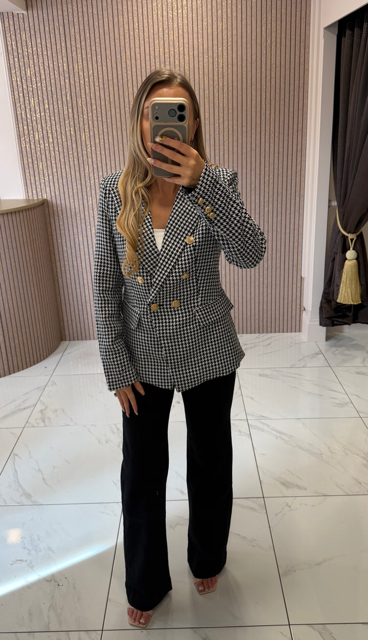 Helena Houndstooth Double Breasted Blazer With Gold Buttons