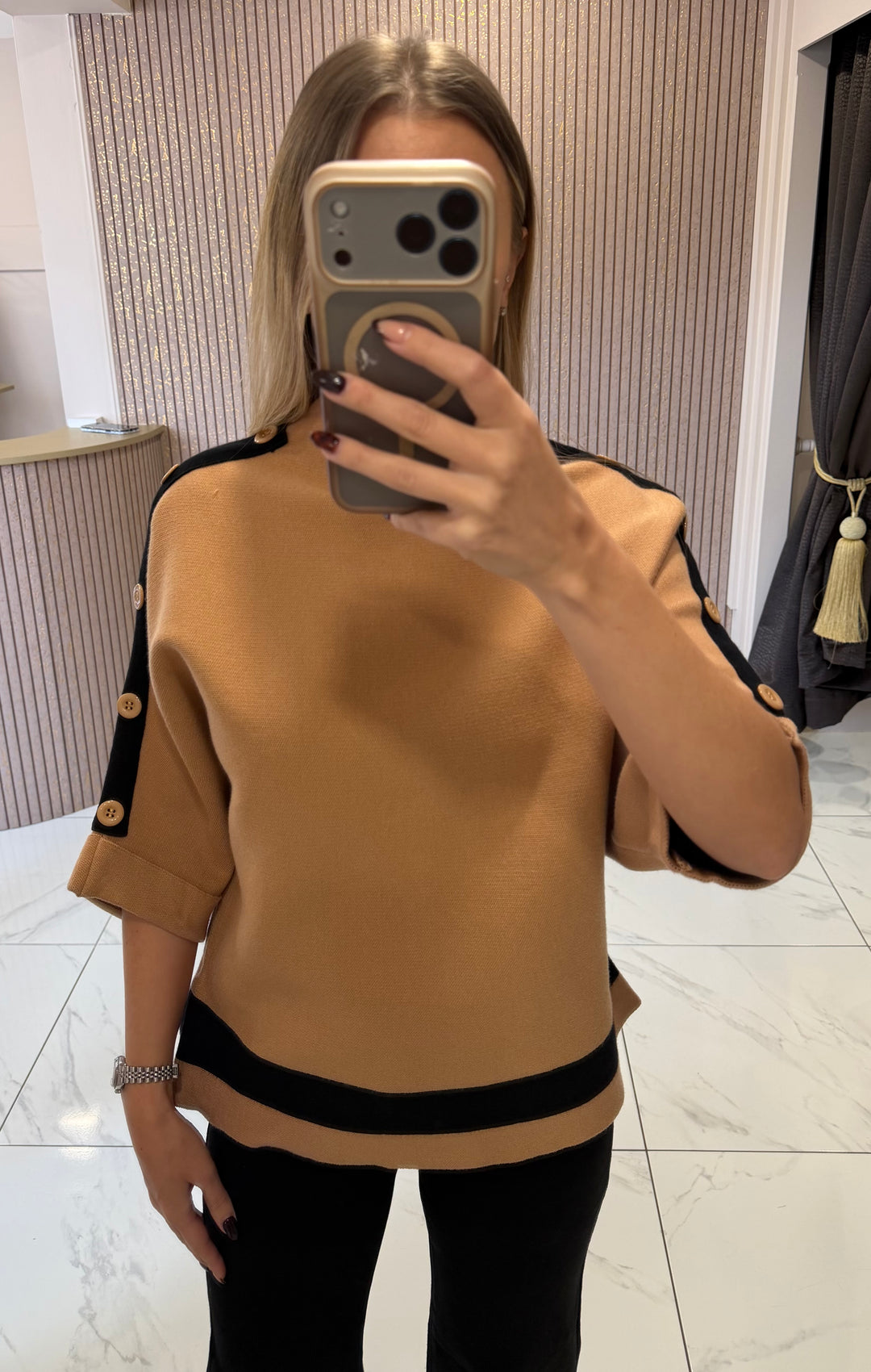 Harlow Camel &amp; Black Knit Jumper/Top