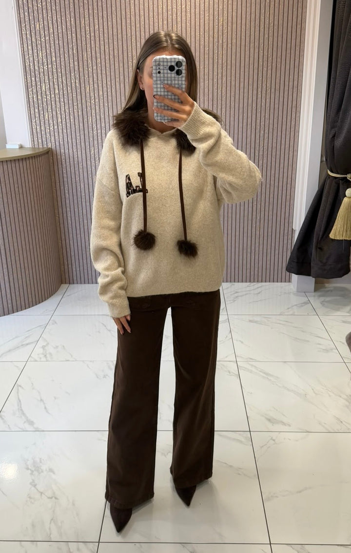 Los Angeles Cream Leopard Print Knit Jumper With Faux Fur Trim