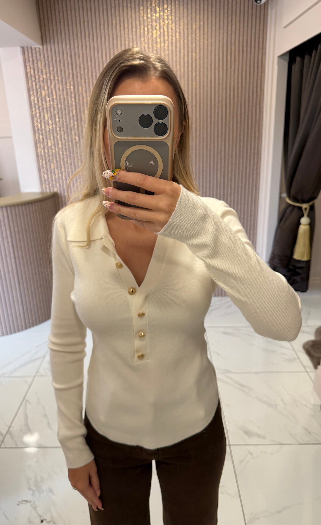 Libby Cream Fine Knit Gold Button Top
