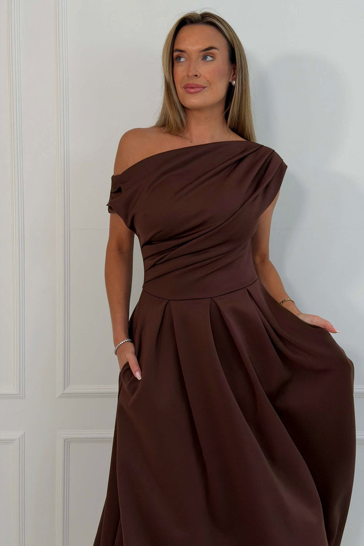 Betty Asymmetric Neckline Skater Dark Brown