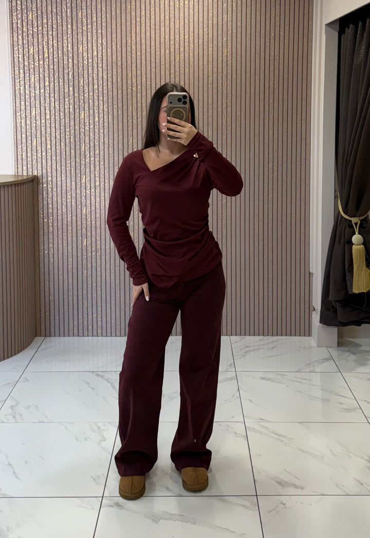 Lianne Wine/Burgundy Gold Buckle Drape Top
