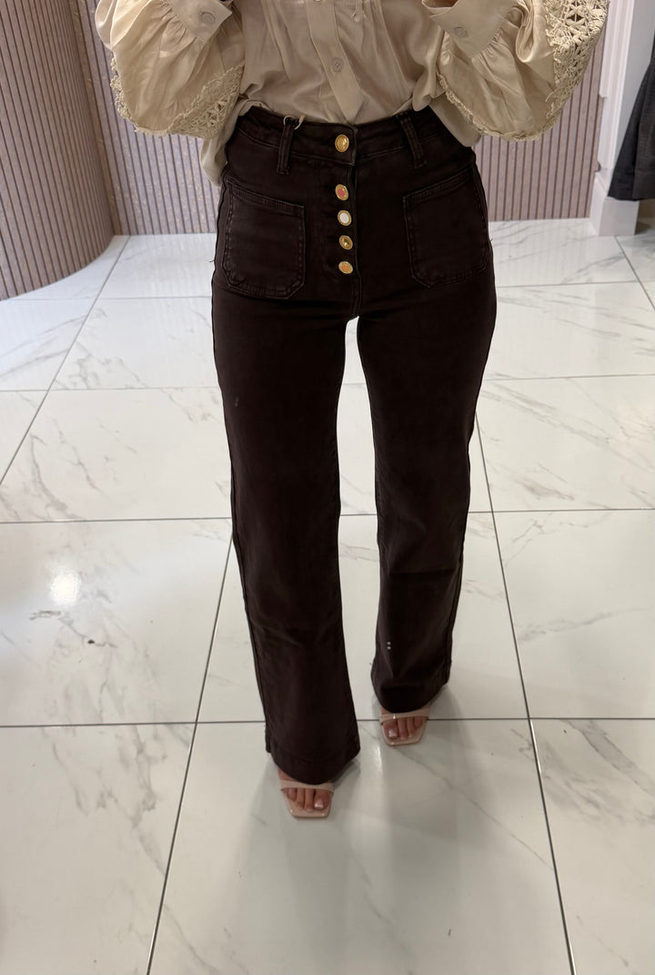 Edith Chocolate Brown Button Front Jeans