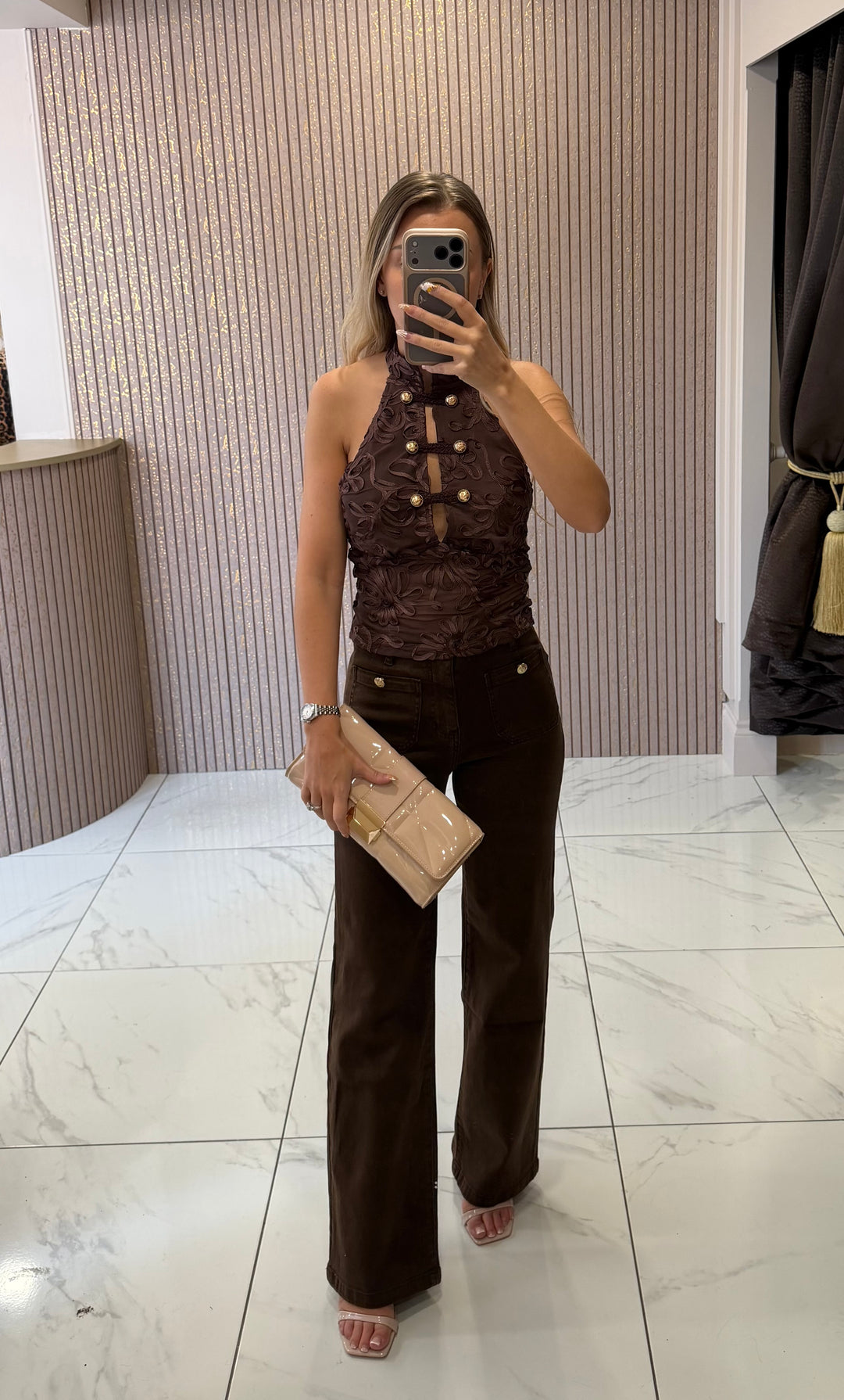 Mya Chocolate Intricate Detail Halter-neck Top