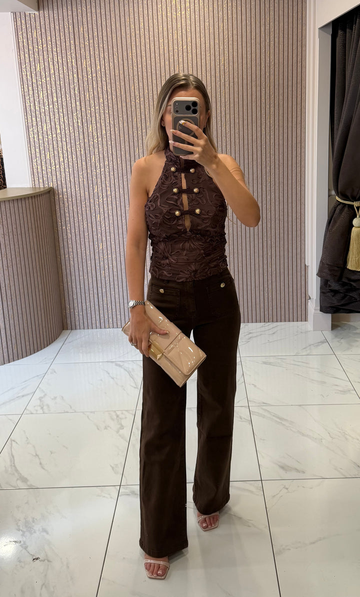 Mya Chocolate Intricate Detail Halter-neck Top