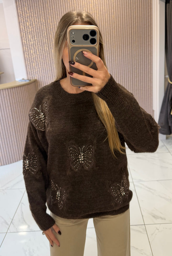 Nessa Butterfly Embellished Chocolate Knit Jumper