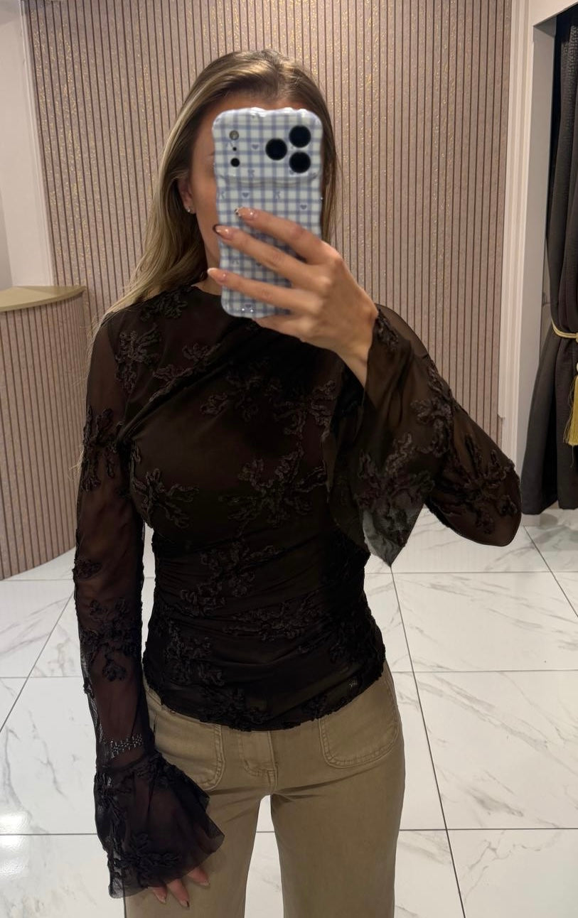 Jean Chocolate Floral Embroidered Mesh Top
